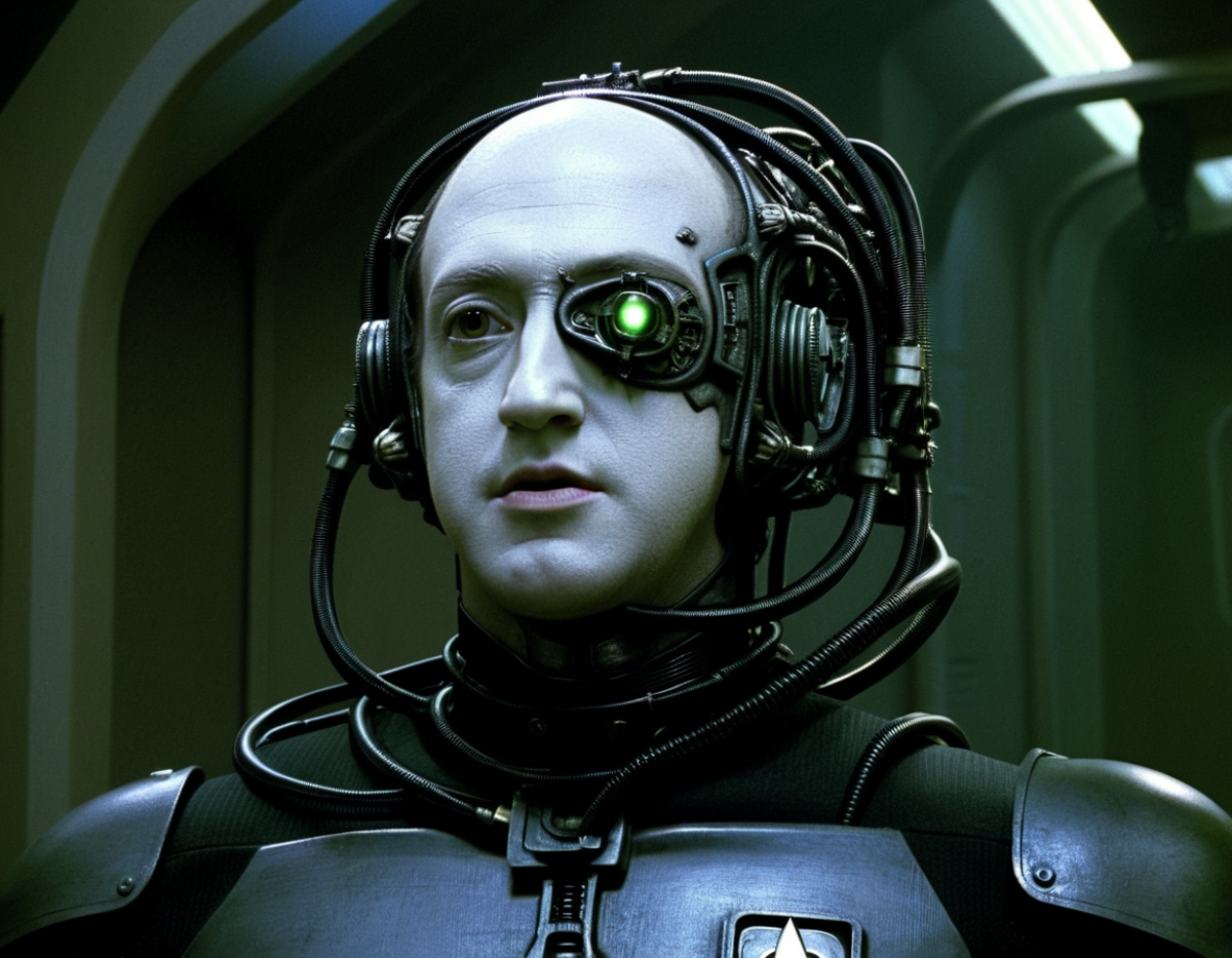 Mark Zuckerburg as a Borg, Borg ship, Star Trek TNG, TV still, masterpiece, best quality, dark